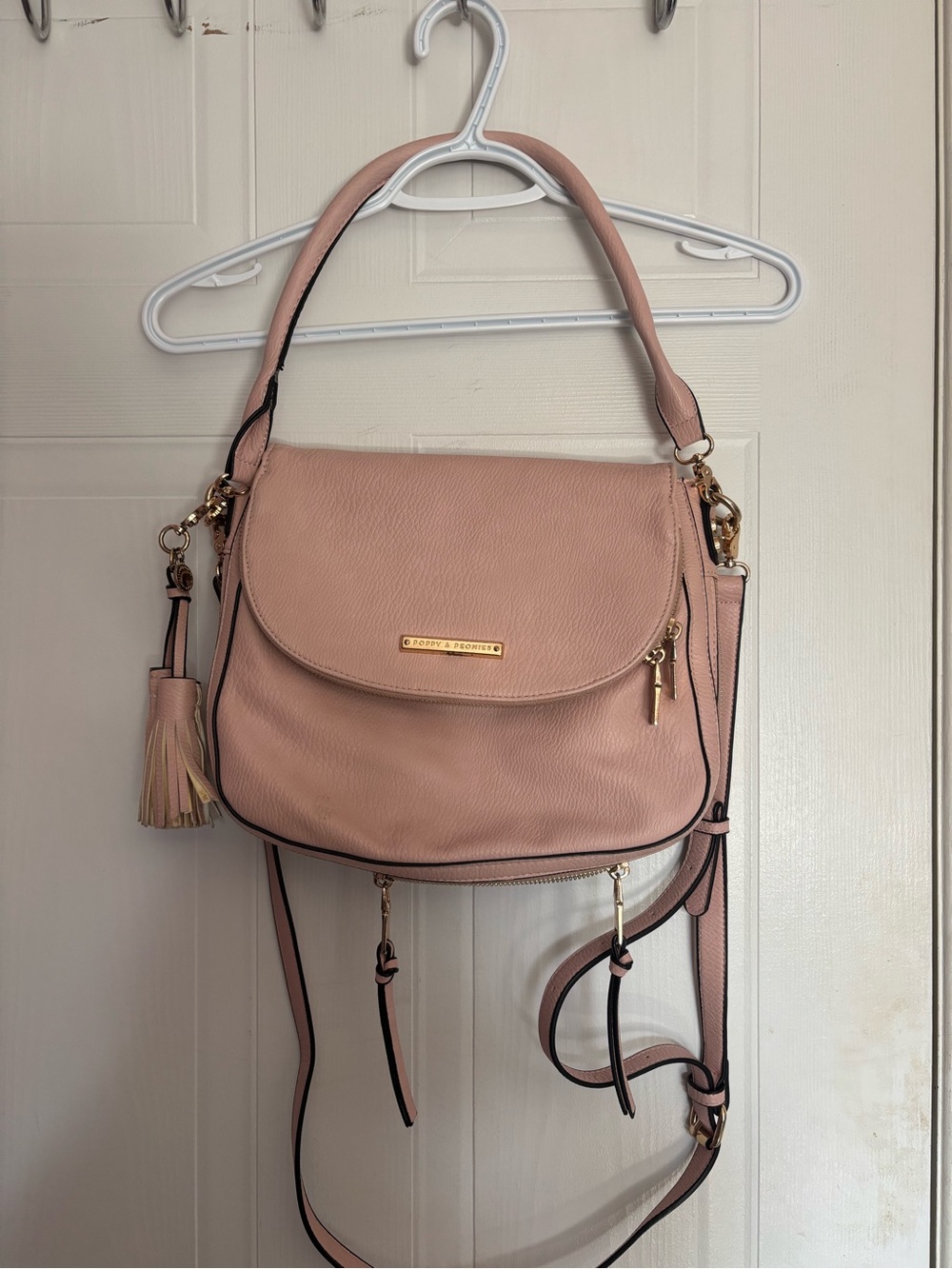 Poppy & Peonies Blush Pink Leather Shoulder Bag with Tassel